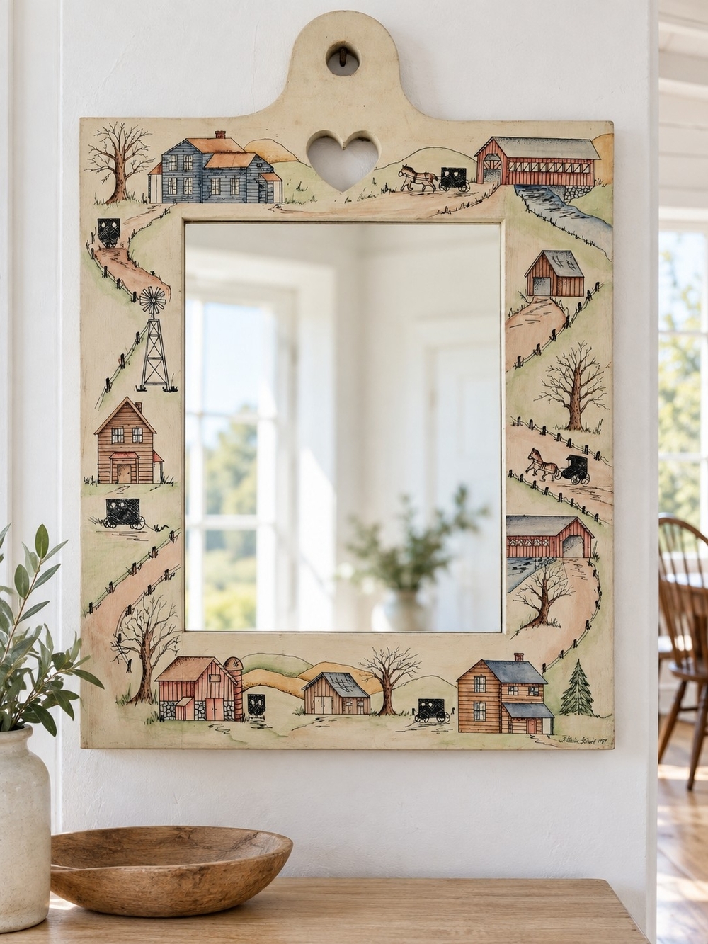 Vintage 1989 Patricia Stilwell Hand Painted Country Folk Art Wood Mirror